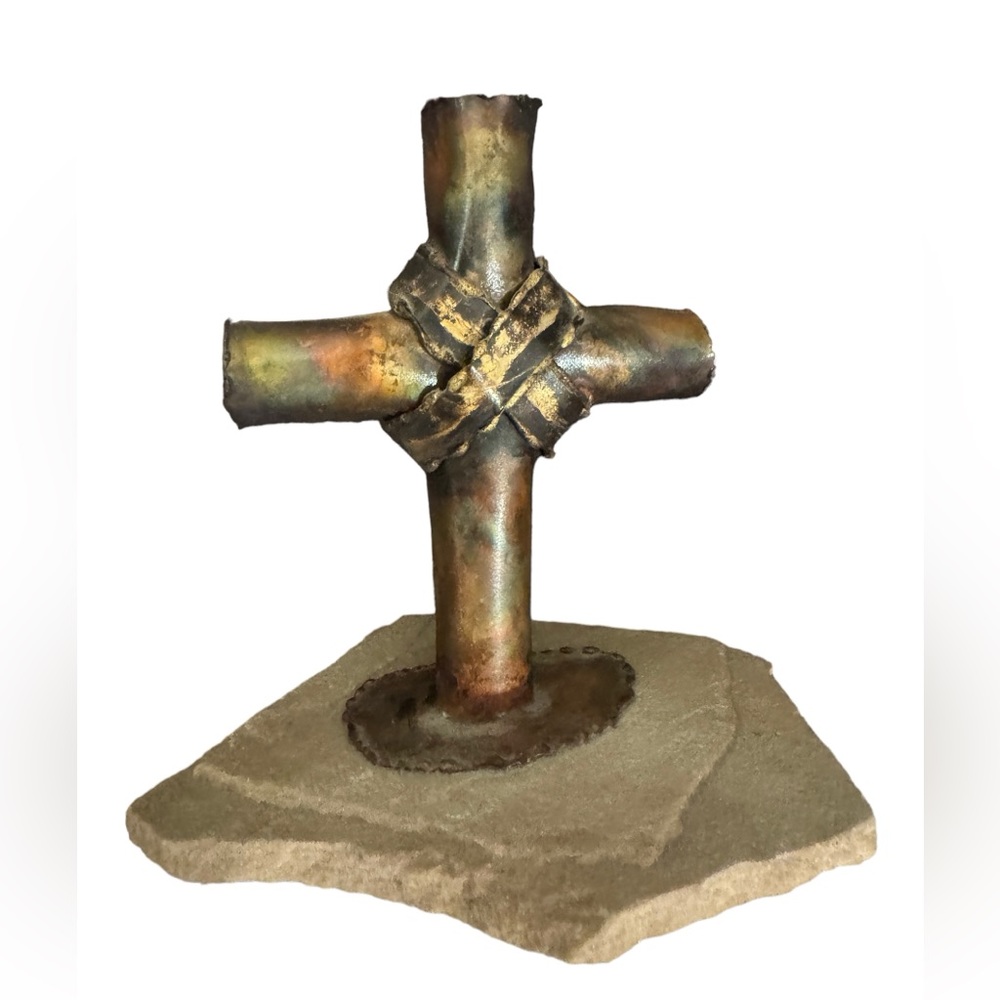 Handmade Christian Cross Welded Copper on Sandstone Rock Base One-of-a-Kind Art
